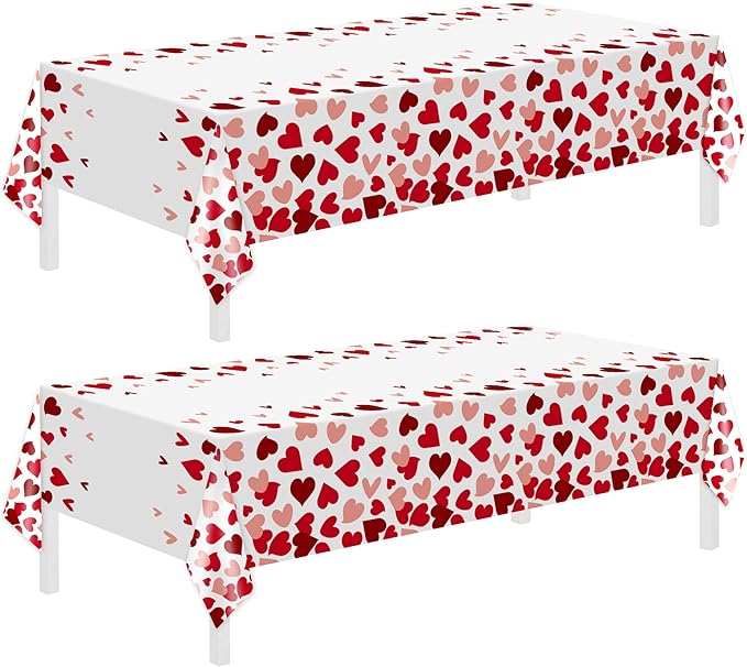 Childom 2 Pcs Valentines Day Tablecloths for Valentines Day Decorations,54" x 108" Disposable Plastic Tablecloths,Rectangle Red Heart Table Cover for Party Decorations Mothers Day Anniversary Birthday