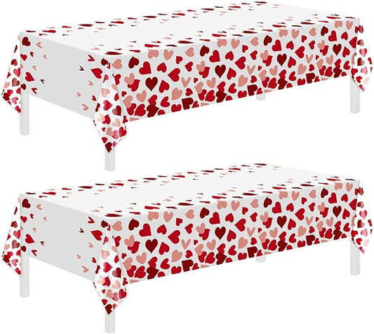 Childom 2 Pcs Valentines Day Tablecloths for Valentines Day Decorations,54" x 108" Disposable Plastic Tablecloths,Rectangle Red Heart Table Cover for Party Decorations Mothers Day Anniversary Birthday