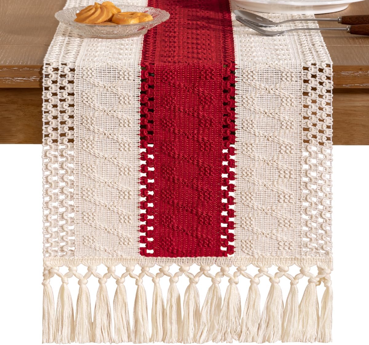 Socomi Boho Table Runner Macrame Fall Thanksgiving Farmhouse Woven Cotton Linen Rustic Coffee Table Runner with Tassels for Dresser Scarf Home Decor Dining Room 12x90 in Red Ivory