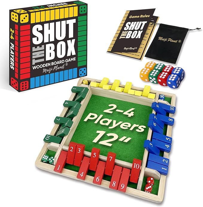 12" Upgraded Shut The Box Game, Math Dice Board Game for Family Night Classroom Travel, Wooden Table for Group Kid Adult Senior, Travel Party Bar, Easy Quick and Fun, 2-4 Players