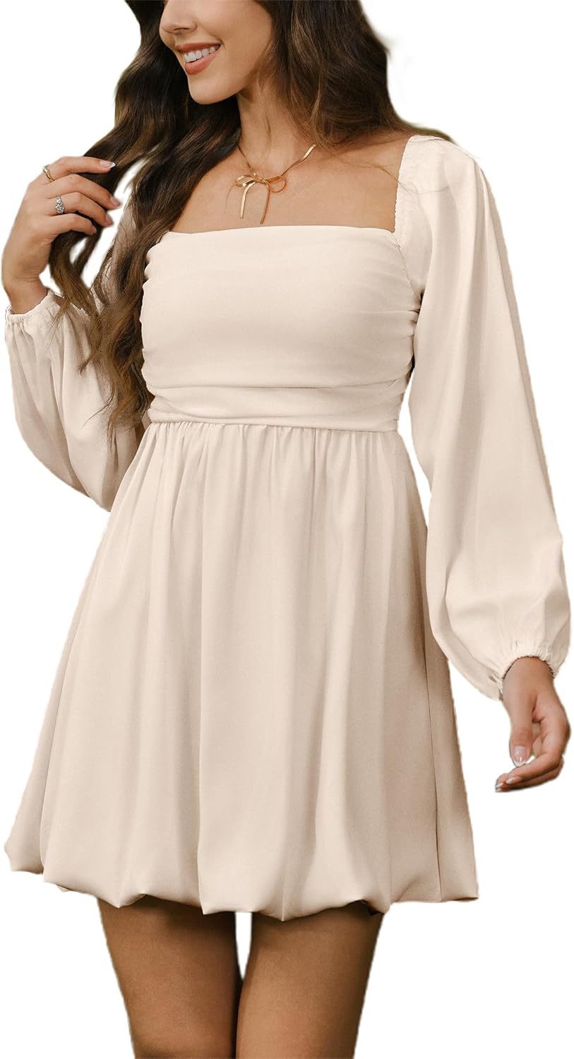 HYPERFIRE Women's Square Neck Pleated Long Sleeve Mini Dress Smocked A Lind Bubble Wedding Dresses