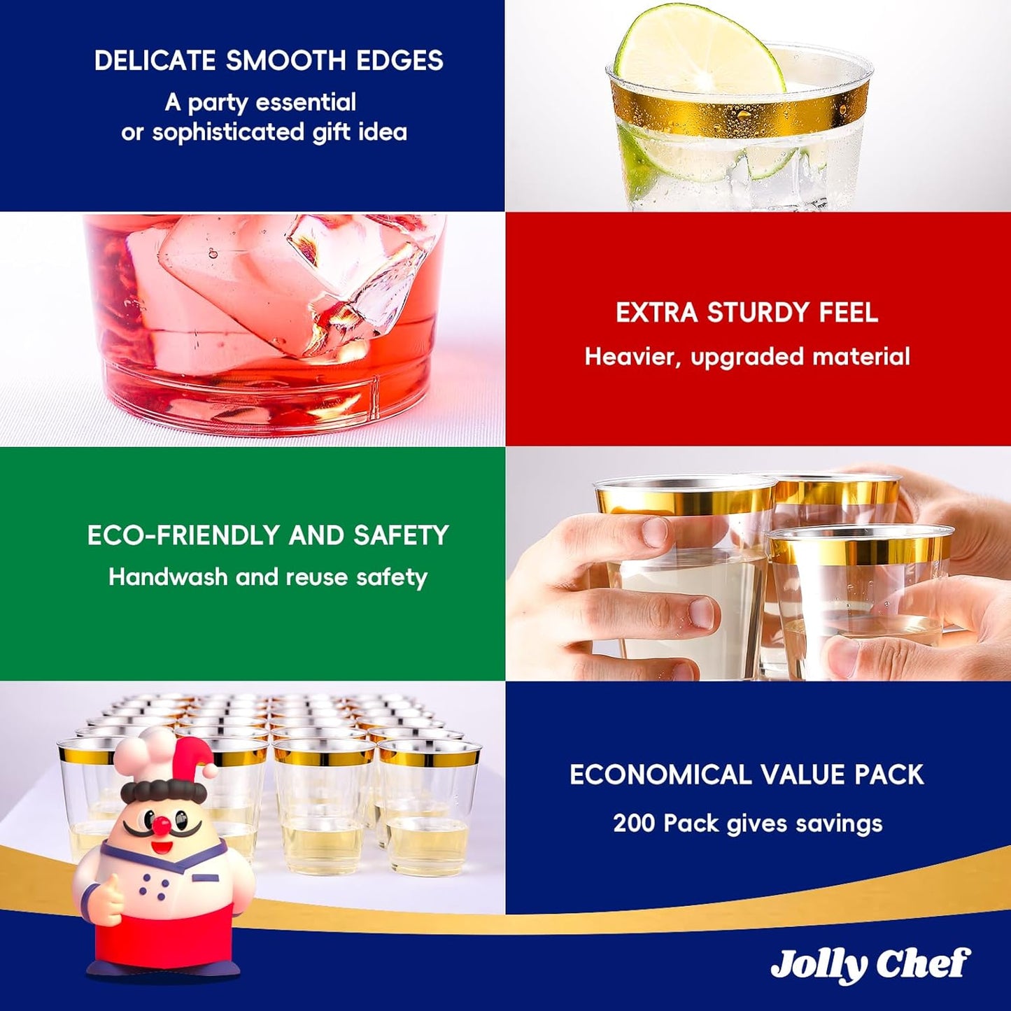 JOLLY CHEF 200 Pack 10 oz Gold Plastic Cups Elegant Gold Rimmed Disposable Cups Heavy-Duty Party Cups for Wedding, Thanksgiving, Christmas Parties