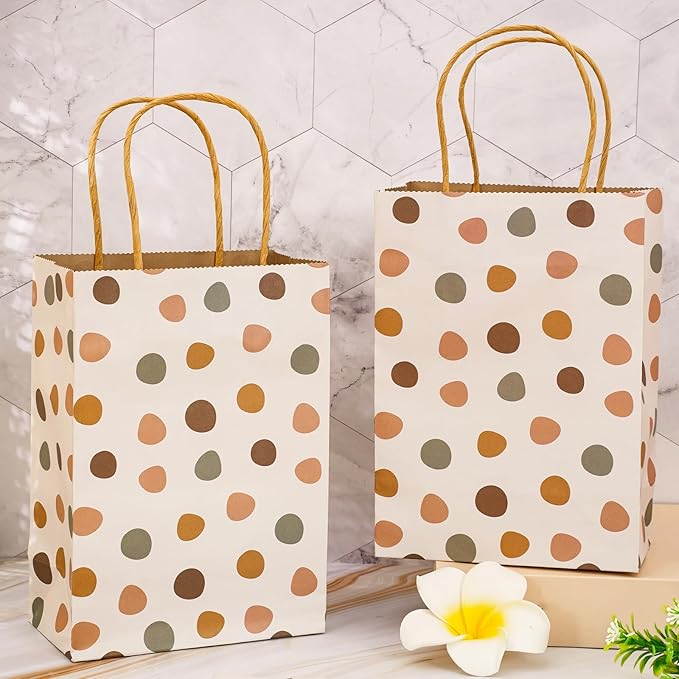 JarThenaAMCS 16Pcs Boho Party Favor Bags Neutral Paper Gift Bags with Handles Hand Drawn Dot Candy Goodie Treat Bags for Wedding Birthday Baby Shower Party Supplies