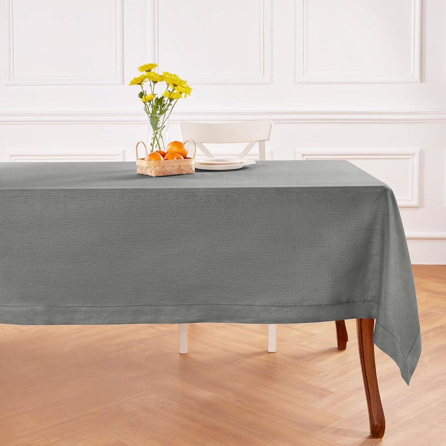 Solino Home Linen Tablecloth 60 x 90 Inch - Classic Hemstitch 100% Pure Linen Steel Gray Table Cloth for Rectangle Tables - Machine Washable Tablecloth for Fall, Autumn