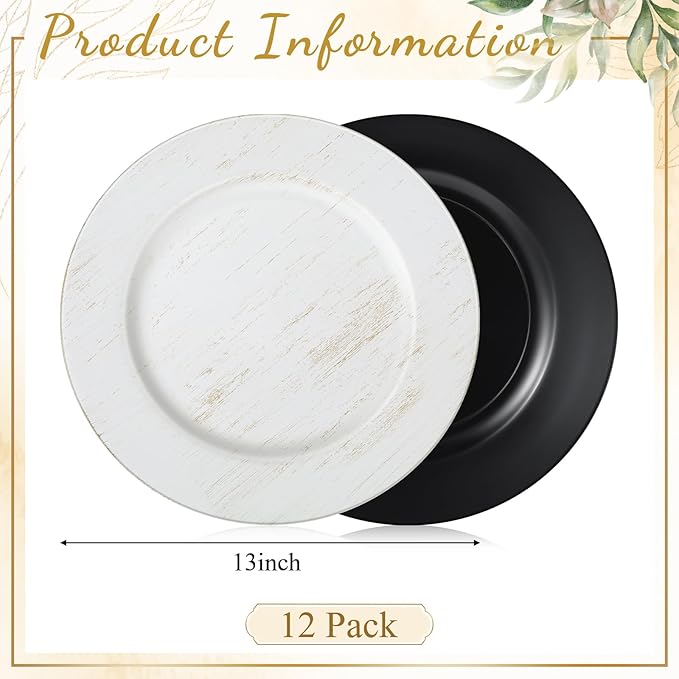 Tanlade 12 Pcs Charger Plates Bulk 13 Inch Plastic Vintage Wedding Chargers Floral Decorative Plates with Metallic Ruffled Rim for Wedding Party, Holiday Event Supplies(White)