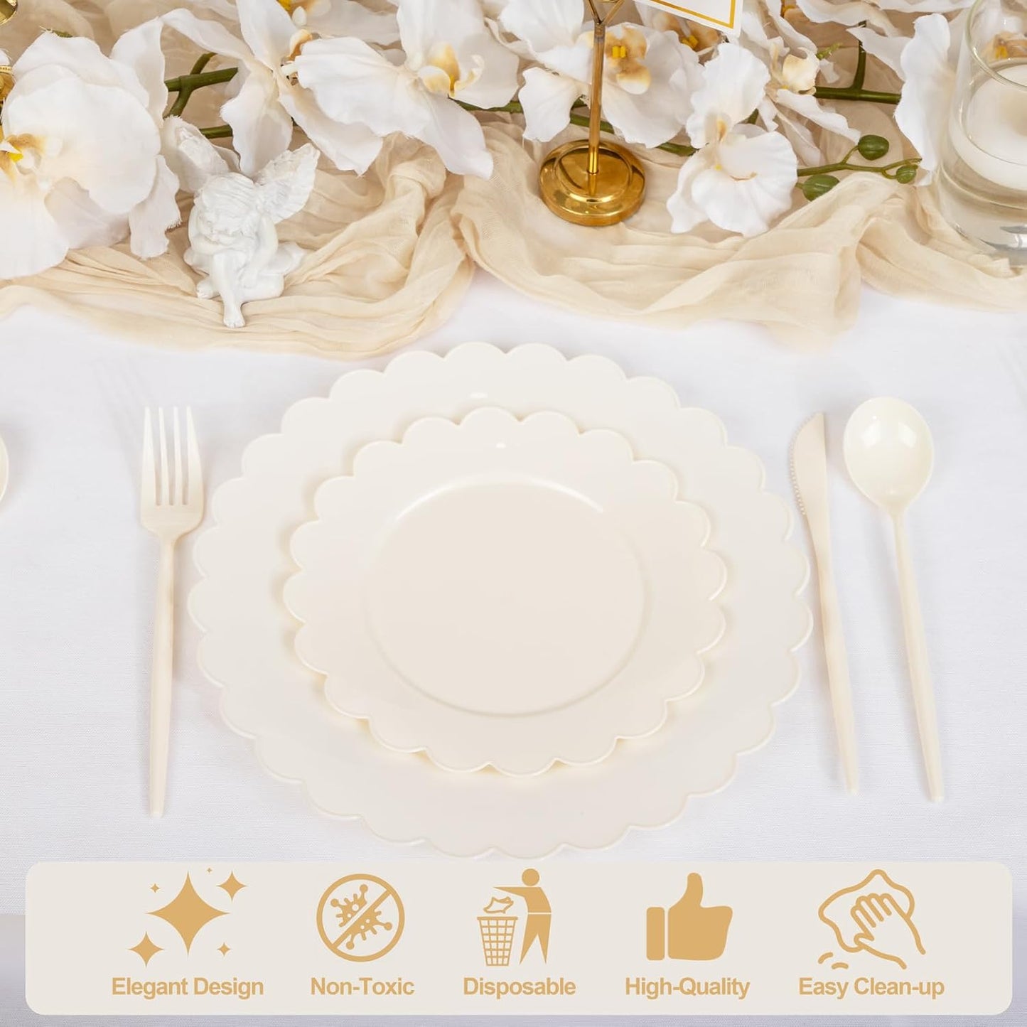 supernal 100pcs Ivory Plastic Plates Fancy Disposable Scalloped Plates for Party Heavy Duty for Party,Wedding,Brthdays Bridal Shower Plate Include 50 Plastic Dinner & Dessert Plate