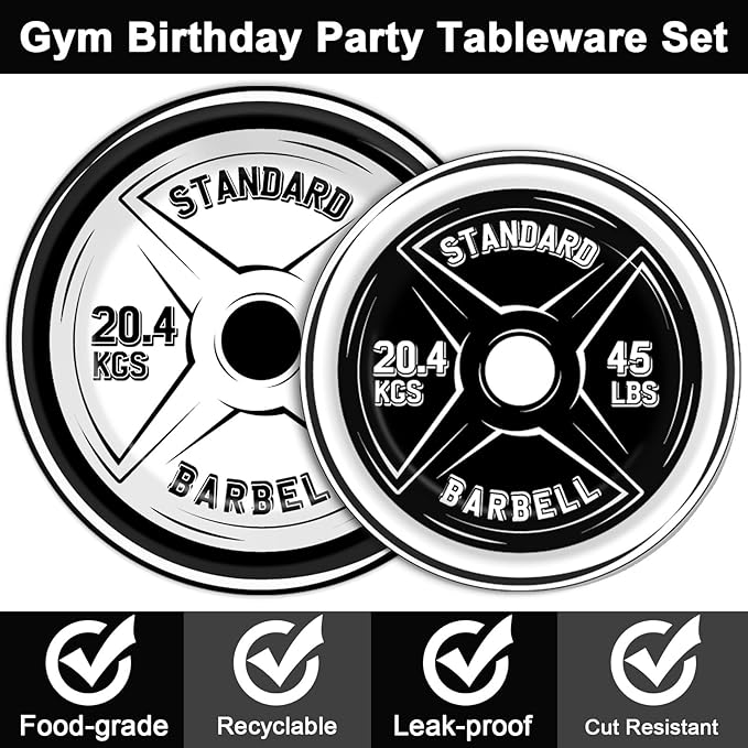 OBUSATT 96 Pcs Gym Birthday Party Supplies Bodybuilder Theme Paper Plates Weightlifting Party Plates and Napkins Forks Barbell Birthday Decorations for Gym Lovers and Weight Lifters Serves 24
