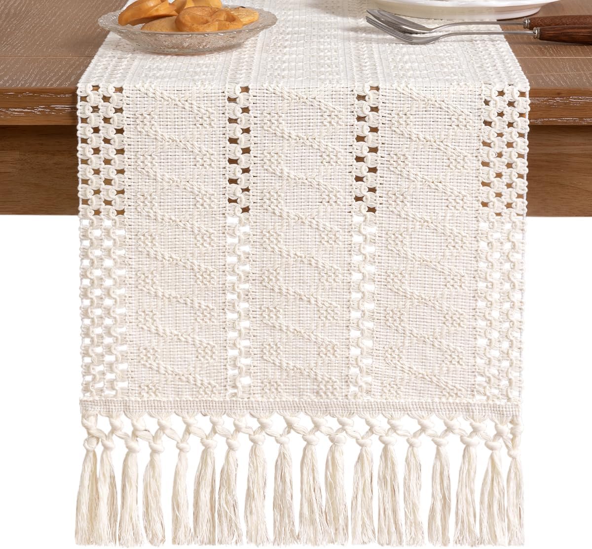 Socomi Boho Table Runner Fall Thanksgiving Farmhouse Rustic Dining Kitchen Centerpiece Decor Small Macrame Woven Cotton Linen Coffee Table Runner for Dresser Scarf Home Decor 12x48 inch Cream Ivory