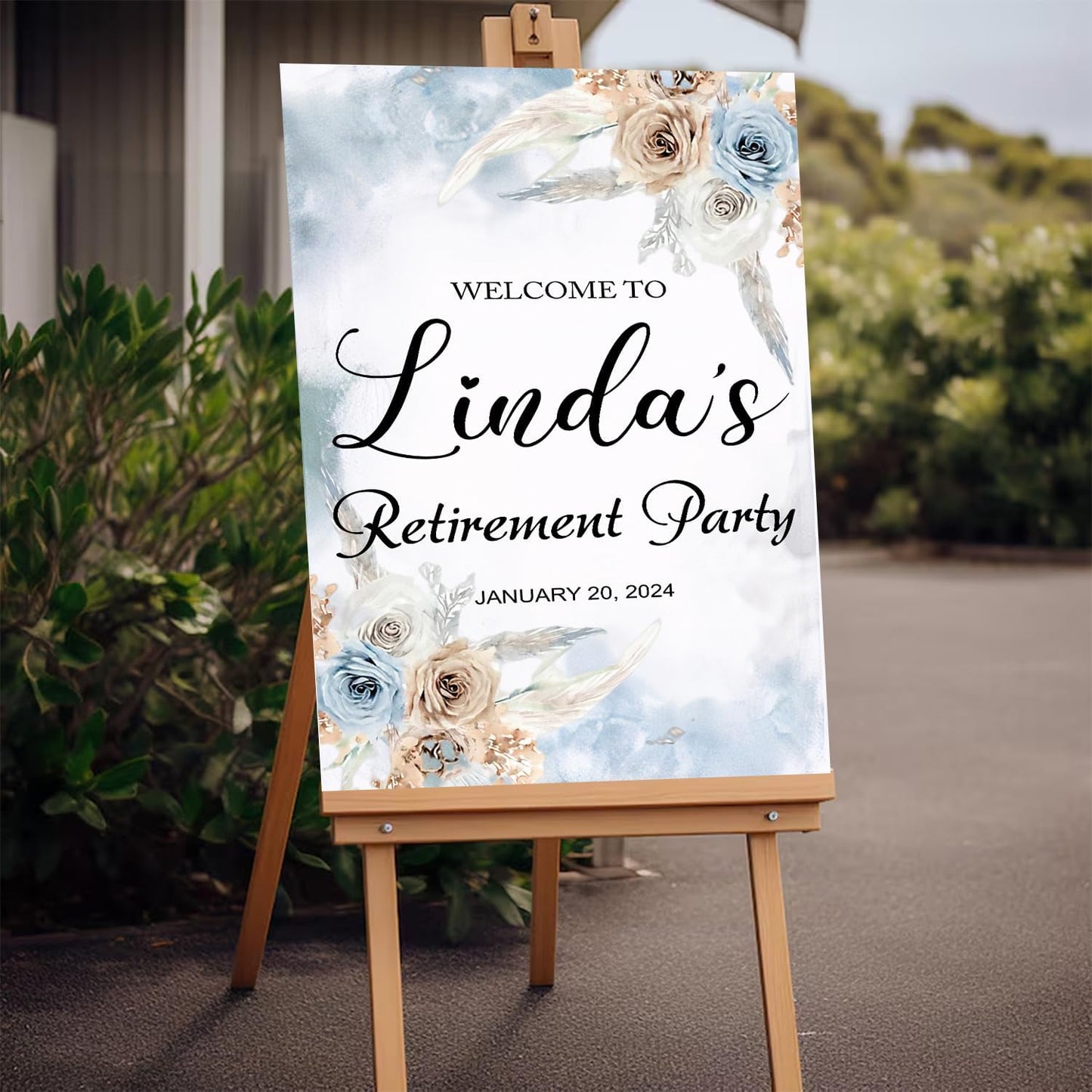 Boho Blue Retirement Welcome Sign - Floral Bridal Shower Decor, Outdoor Printed