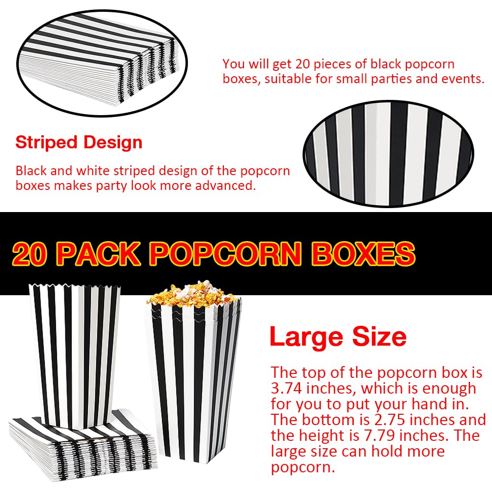 20 Pcs Large Capacity Black Paper Popcorn Boxes, Disposable Popcorn Containers for Party(7.79 x 3.74inch)