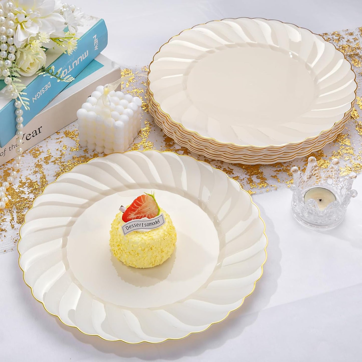 YOUBET 50 Pack Ivory Scalloped Plastic Plates 10.25 Inch Ivory Disposable Plates with Gold Rim - High End Elegant Vintage Dinner Plate for Birthday Parties & Wedding Thanksgiving