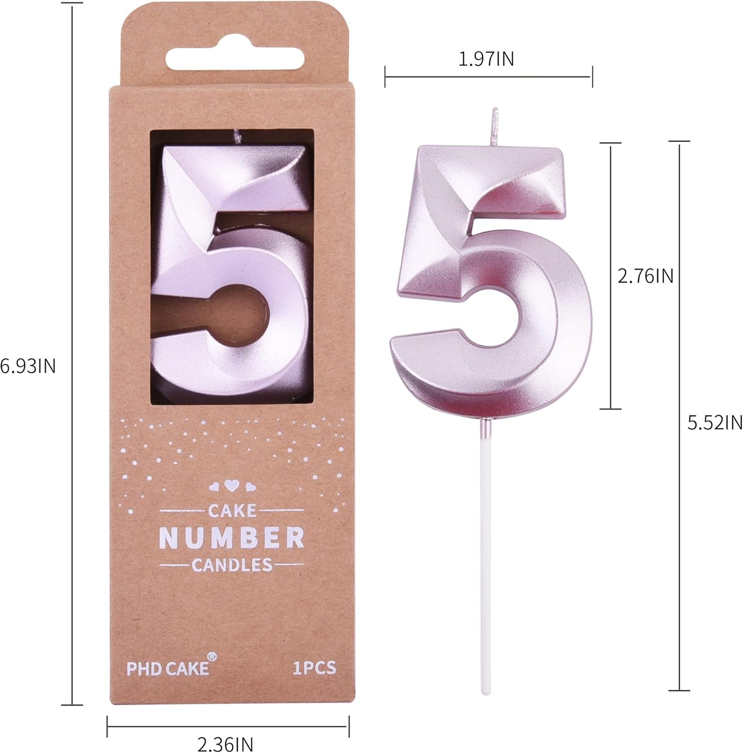 PHD Cake 2.76 Inch Diamond Rose Gold 5 Number Birthday Candles, Rose Gold & Cake Number Candles for Party Celebration