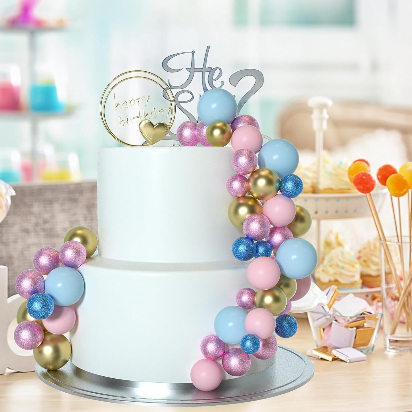 ASTARON 50 Pcs Ball Cake Topper Sticks Mini Balloons for Cake Decorating Supplies Foam Balls Cake decorations for Baby Shower Cake Birthday Cake Toppers Decorations (Pink Blue Series)