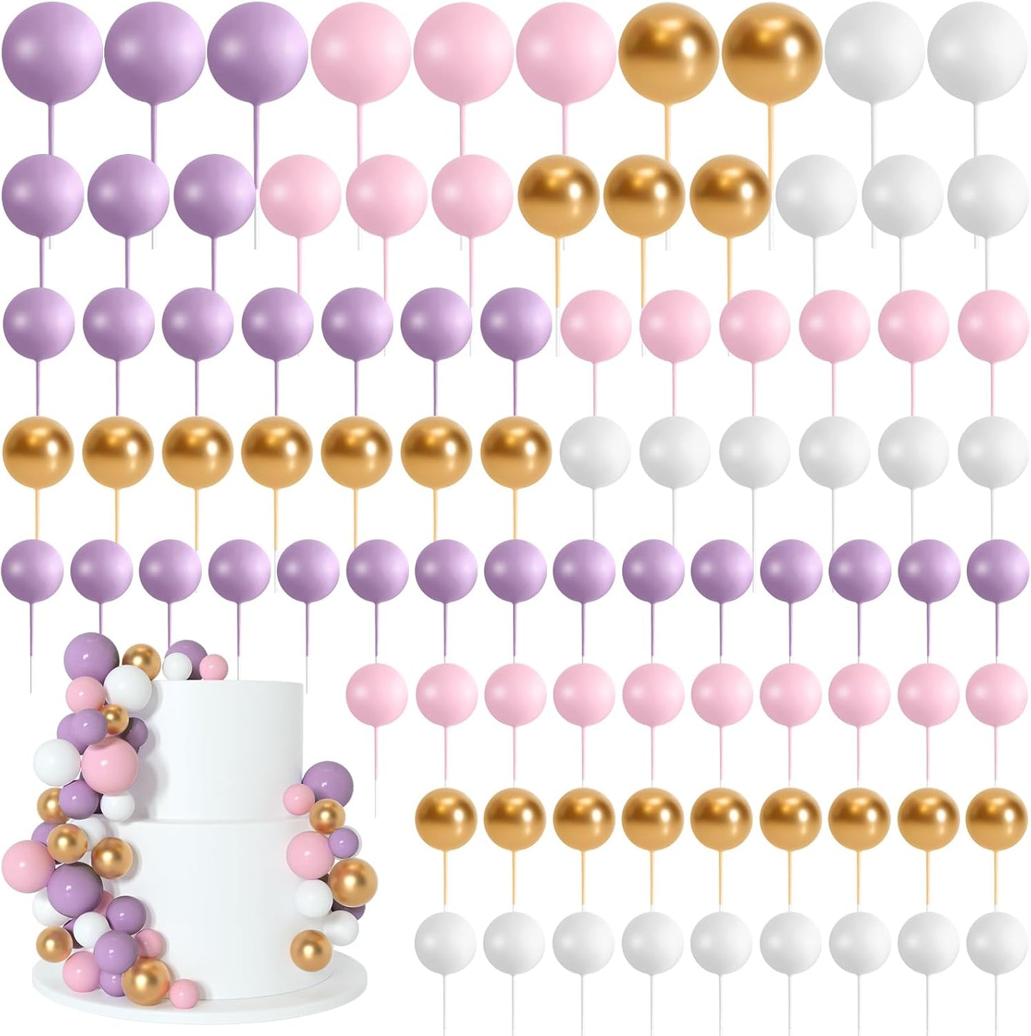 138 Pcs Balls Cake Topper Decorations Balloon Cupcake Toppers Foam Multisize Cake Topper Balls for Birthday Party Wedding Anniversary(Pink,Purple,White,Gold)
