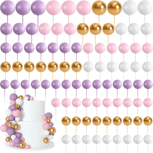 138 Pcs Balls Cake Topper Decorations Balloon Cupcake Toppers Foam Multisize Cake Topper Balls for Birthday Party Wedding Anniversary(Pink,Purple,White,Gold)