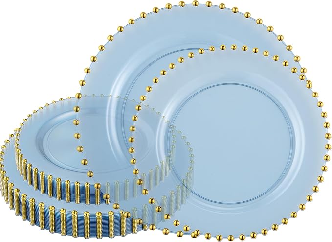 PLASTICPRO 64 Piece Combo Plastic Dinner Plates Disposable Plastic Fancy Heavy Duty Party Dishes 7 inch and 10 inch, Translucent Blue and Gold Beaded