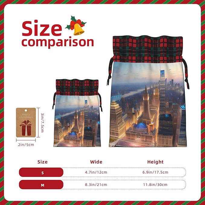 PULaif City Picture Night Christmas Drawstring Gift Bags, Large Size Christmas Bags For Gifts Party Favors, Xmas Gift Bags