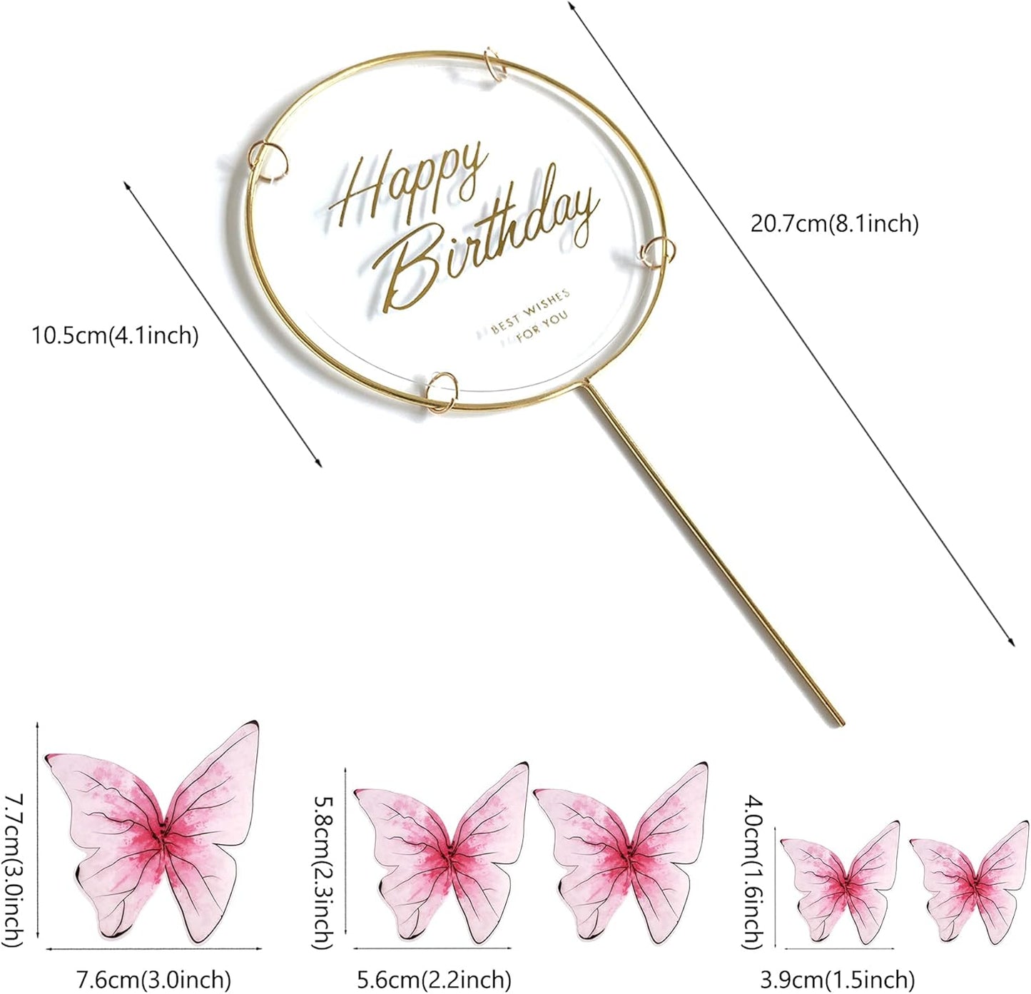 11-Piece Red Butterfly Cake Toppers Set: 1 Gold Metal Frame Happy Birthday Cake Topper & 10 Butterfly Cake Toppers (1.5-4 inches)