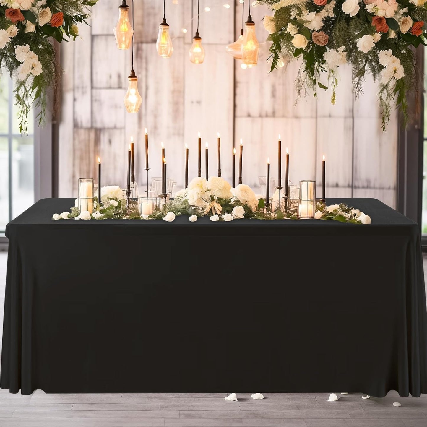 HAORUI Open Back Table Skirts, 4Pack Rectangle Wrinkle Resistant Table Clothes, Ruffles Elastic Table Cover for Banquets, Weddings, Parties (6ft Black)