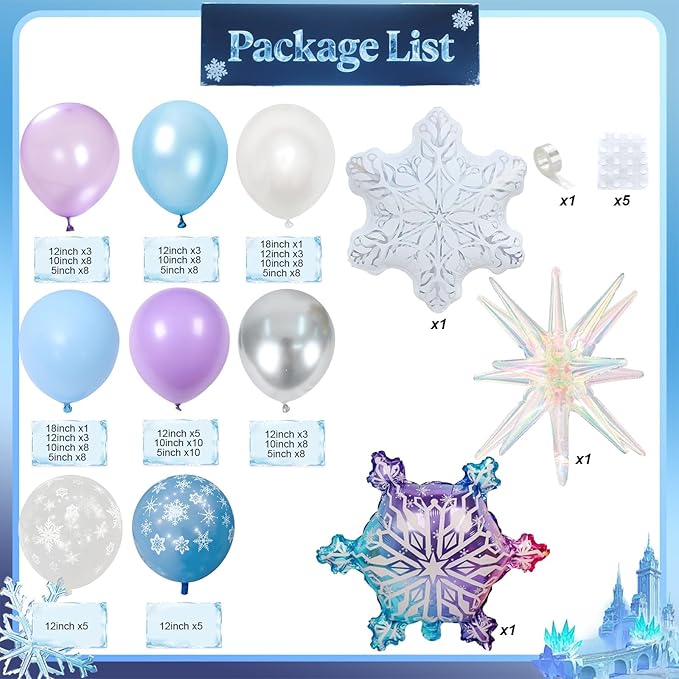 Purple Blue Balloon Garland 135pcs, Pearl Light Purple Blue White Silver Snowflake Balloon Arch with Foil Snow Iridescent Star Balloons for Winter Wonderland Baby Shower Birthday Christmas Party Decor