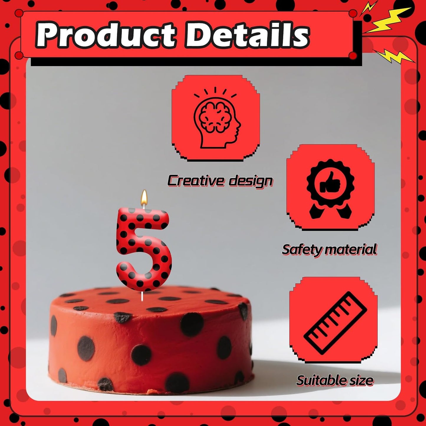 Ladybug Theme Birthday Candles - Red & Black Polka Dot Decorative Candles for Kids Ladybug Themed Parties, Baby Showers, Birthday Cakes, and Ladybird Inspired Celebrations(Number 5)