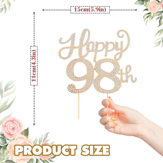 Happy 98th Birthday Decorations,98th Birthday Gold Rhinestone Cake Topper - Cheers to 98 Years Old Bday Party Metal Sparkly Cake Centerpieces Sign.