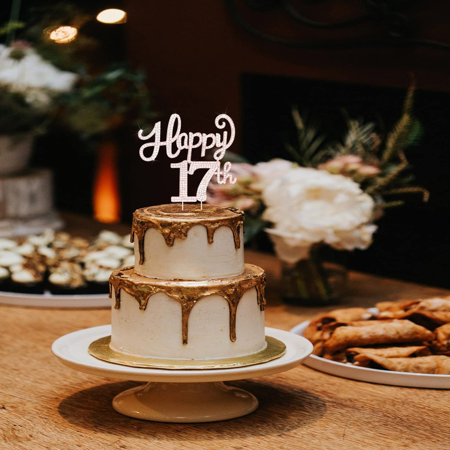 LASKYER Happy 17th Birthday Rose Gold Rhinestone Cake Topper - 17th Birthday/Anniversary,Cheers to Seventeen Years Old Bday Party Metal Sparkly Centerpieces Decorations.