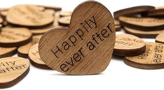 Wooden Heart Confetti ~ Happily Ever After ~ Wood Hearts, Wood Confetti Engraved Love Hearts- Rustic Wedding Table Scatter (100 count)