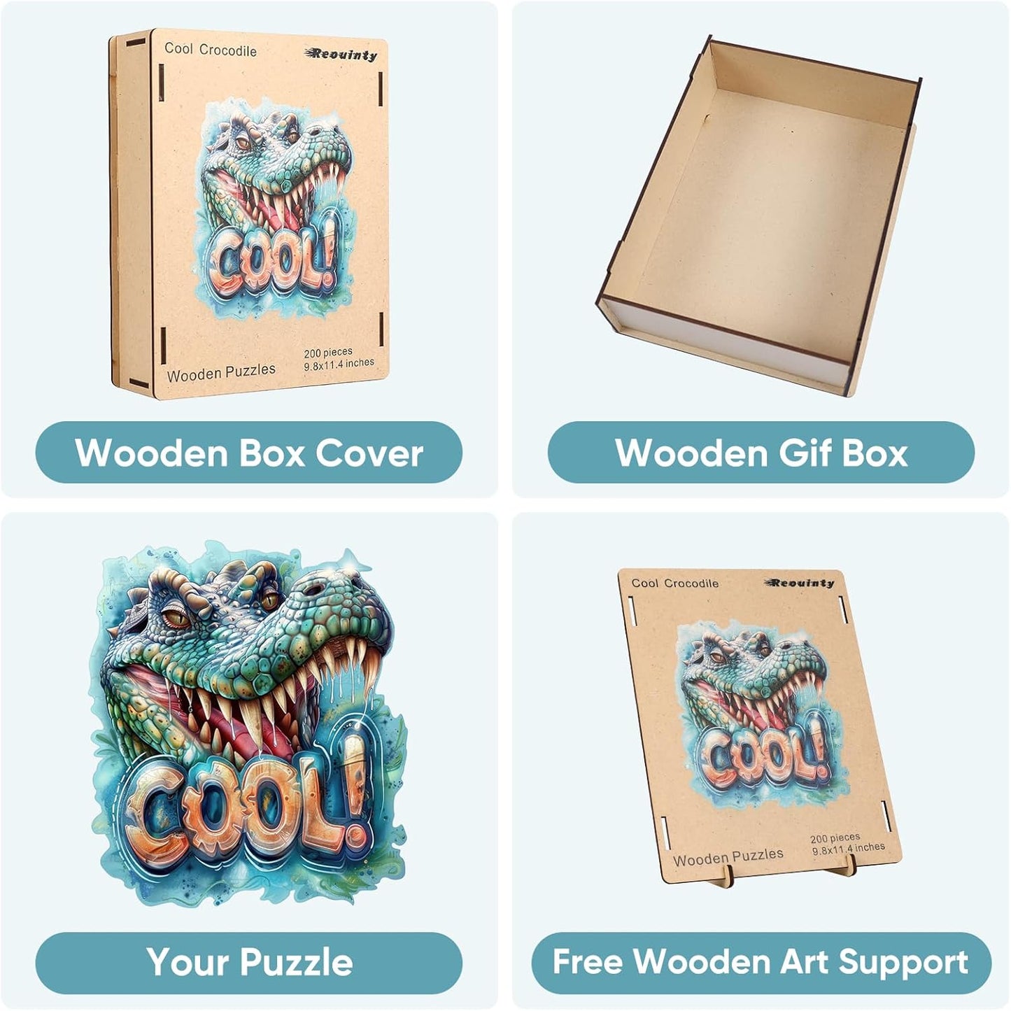Reouinty Wooden Puzzles for Adults, Cool Crocodile Jigsaw Puzzles 200 Pieces Animal Unique Shaped Wood Cut Puzzle Gifts for Adults and Kids, Family Puzzle Games