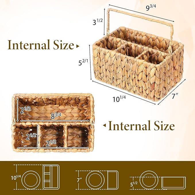 Hand-Woven Wicker Silverware Organizer, Water Hyacinth Plastic Cutlery Utensil Holder with Handle, Woven Picnic Caddy, Picnic flatware Organizer and Kitchen Countertop with Handle