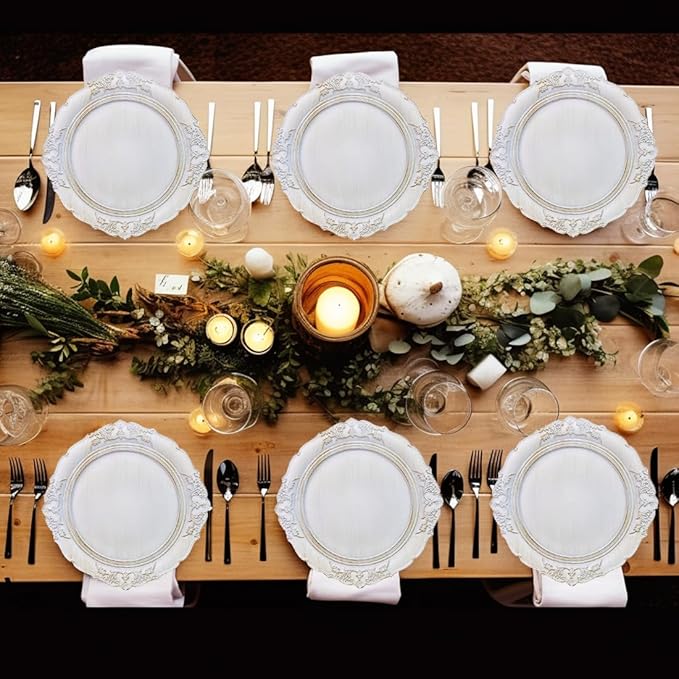 Antique White Charger Plates, 13 Inch Embossed Chargers for Dinner Plates. Plastic Charger for Wedding, Party. (Set of 6)