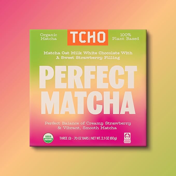 TCHO Perfect Matcha Chocolate Bar 3 Pack - Organic Oat Milk Chocolate with Matcha Shell and Strawberry Filling - Plant-Based Non-GMO Matcha Snacks