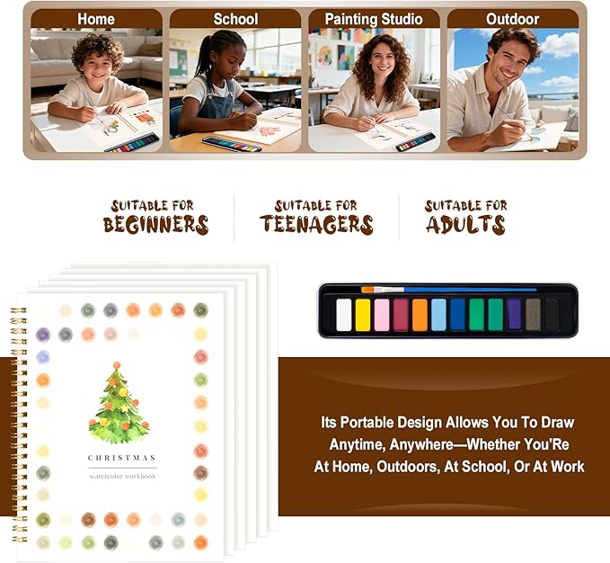 Kivzex Watercolor Workbook for Adults, Beginner Friendly Watercolor Painting Kit Christmas Water Coloring Book, Nature-Themed Practice Art Gift Water Color Paint Book with Palette and Brush