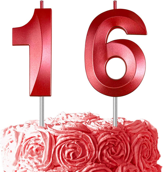 Red Number 16 Candles, 3D Diamond 2.76 Inch Cake Topper Birthday Candles for Wedding Anniversary Cake Decorations, Happy Birthday Party Decorations