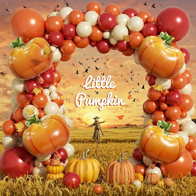 Fall Balloon Arch Garland Kit 153pcs with Pumpkins, Thanksgiving Balloons Arch Kit Burnt Orange Burgundy Yellow Balloons Different Sizes for Little Pumpkin Birthday Baby Shower Decoration