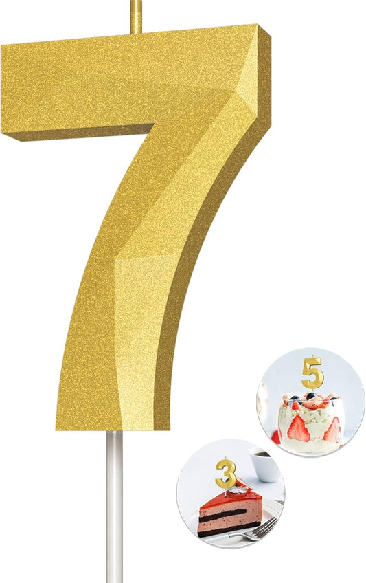 Number Birthday Candles(7 Candle Gold) 3D Diamond Shape Number Happy Birthday Cake Candles for Birthday Party Wedding Decoration Reunions Theme Party