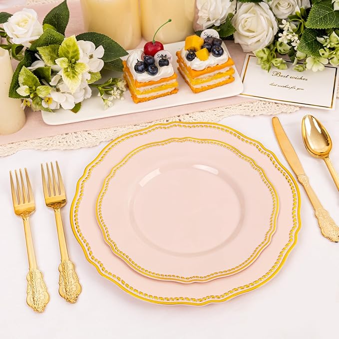 Hioasis 60pcs Pink Plastic Plates - Pink and Gold Disposable Dinnerware with Gold Rim, Heavy-duty, 7 inch, Dessert Plates for Party & Easter