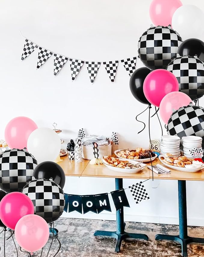 Race Car Balloon Bundle Pink Black Checkered Balloons Latex Balloon Girls One Happy 1st 2nd Fast One Theme Two Fast Race Car Birthday Party Decor Supplies 20 Pcs Kit