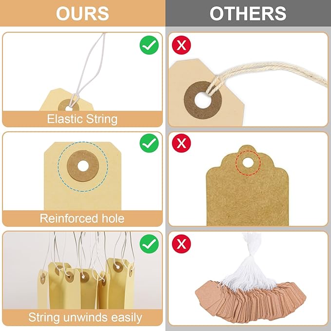 Manila Paper Tags with Elastic String - Coideal 200 Pcs Small Hang Price Tags Attached Reinforced Hole, Blank Marking Shipping Tags Label for Hanging Gift Clothing Jewelry (2 3/4" x 1 3/8")