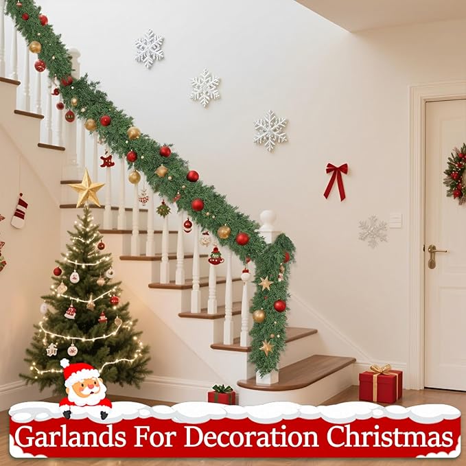 16 Ft Christmas Garland Soft Bendable Realistic Artificial Cedar Pine Green Xmas Mantle Garland for Staircase with Gift box Garlands for Decoration Christmas fireplace porch Table Home Room Yard Decor