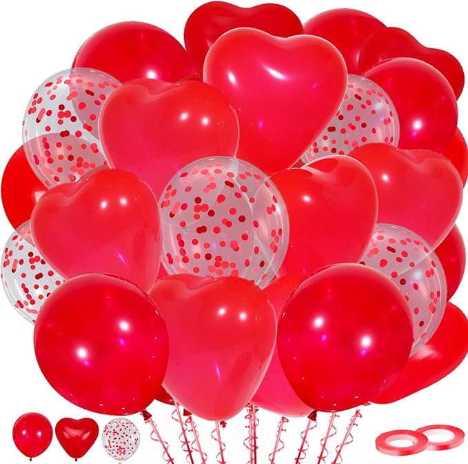 Red Balloons, 60 Pack Latex Heart and Confetti Balloons wiht Red Ribbon for Birthday Graduation Baby Shower Valentines Christmas Wedding Party Decorations