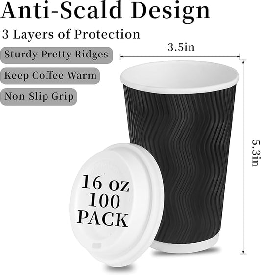 100 Set - 16 oz Coffee Cups with Lids, Disposable Insulated Corrugated Paper Cups, Double Wall Ripple To Go Cups for Hot Drinks, Chocolate, Cocoa (Black)