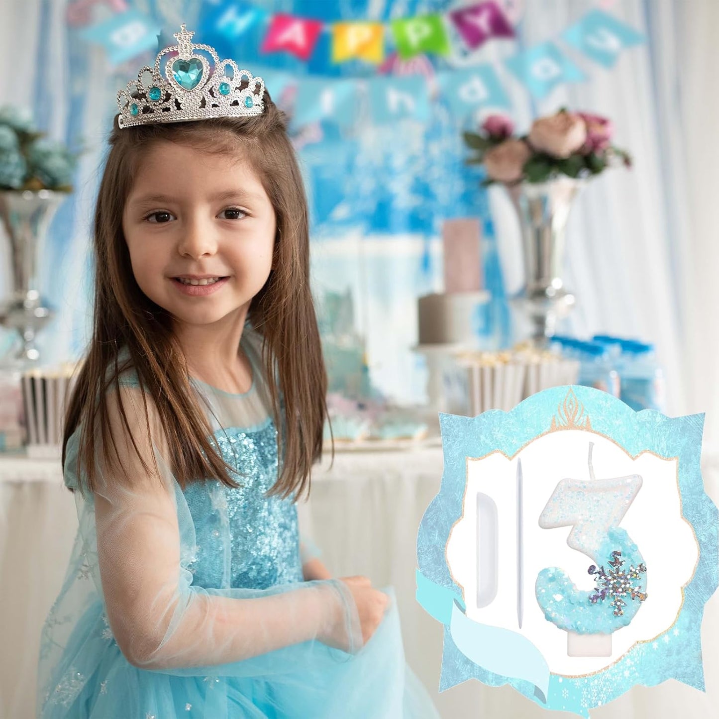 Sky Blue Frozen Themed Birthday Candles, Birthday Candles for Party Supplies, 2.76 inch Number 3 Candle Cake Topper Decoration (Number 3)