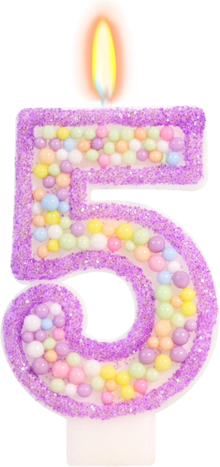 Birthday Candles - Number 5 Candle, Colorful Macaron Candles for Boys/Girls, Purple Birthday Decorations, Purple Cake Decorations