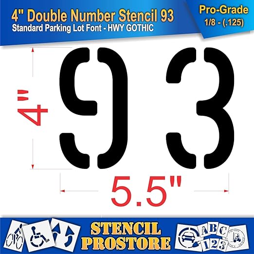 Pavement, Curb, and WheelStop Stencils - 4 inch Double Number Stencil - (93) - 4" x 5.5" x 1/8" (128 mil) - Pro-Grade