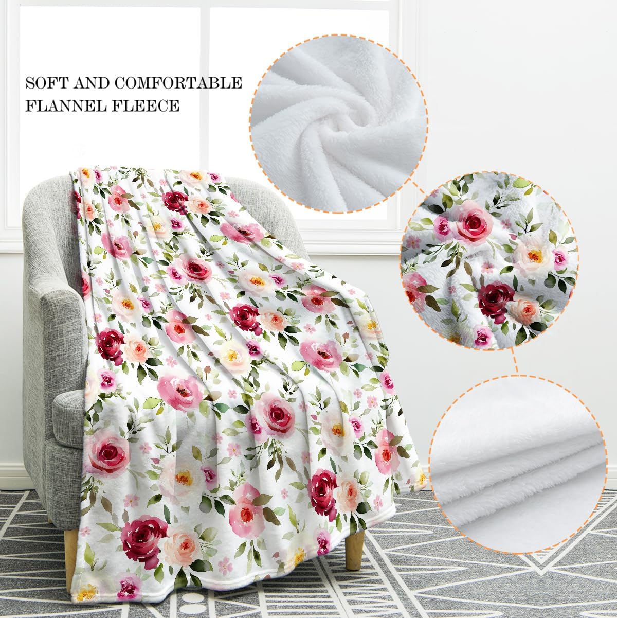Jekeno Rose Flowers Blanket Gifts for Women Girls, Birthday Valentines Soft Throw for Adult, Lightweight Warm Flannel for Bed Sofa Couch Office Home 50"x60"