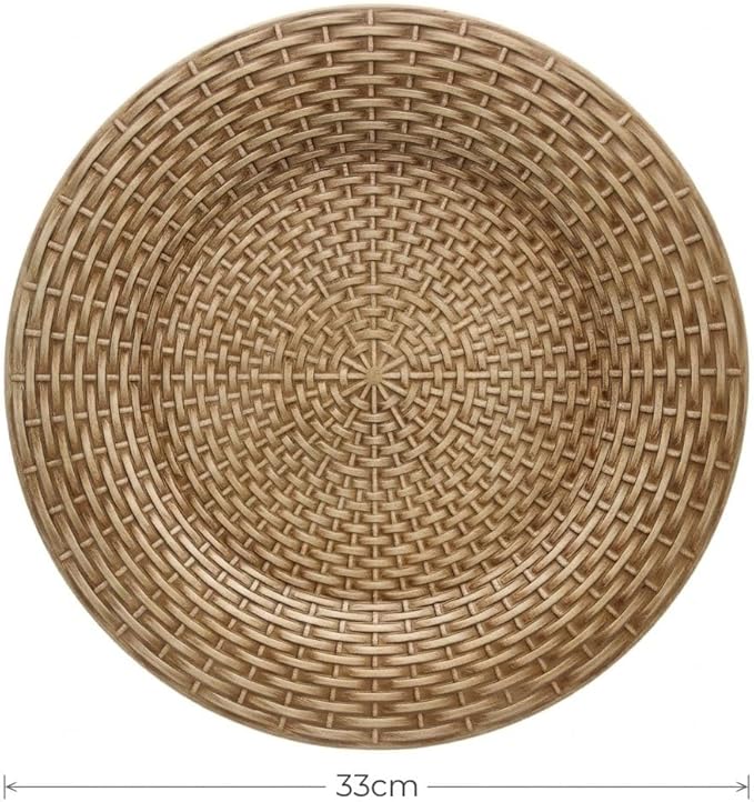 13 Inch Antique Brown Charger Plates Set of 6, Round Plastic Service Plates with Faux Rattan Woven Texture, Matte Finish Under Plates for Wedding, Party, Christmas and Fine Dining (513RB)