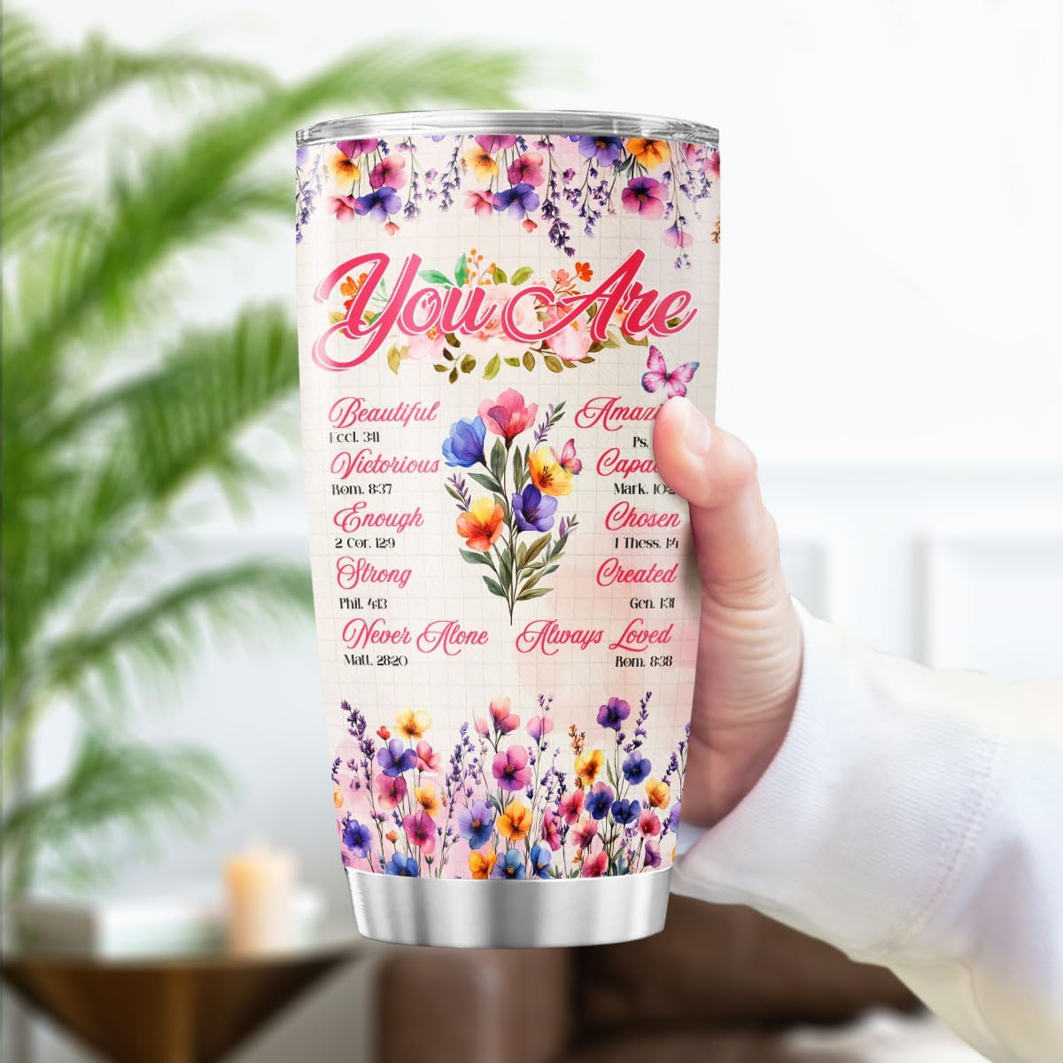 Christian Floral Scripture Gift for Women, Inspirational Bible Verse Stainless Steel Tumbler, 20oz Insulated Travel Mug for Mom, Wife, Friend, Faith-Based Encouragement Present