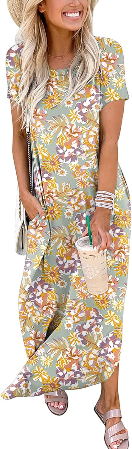 ANRABESS Womens Summer Maxi Dress Short Sleeve Casual Loose Long T Shirt Dresses Split Vacation Beach Sundress Travel Outfits
