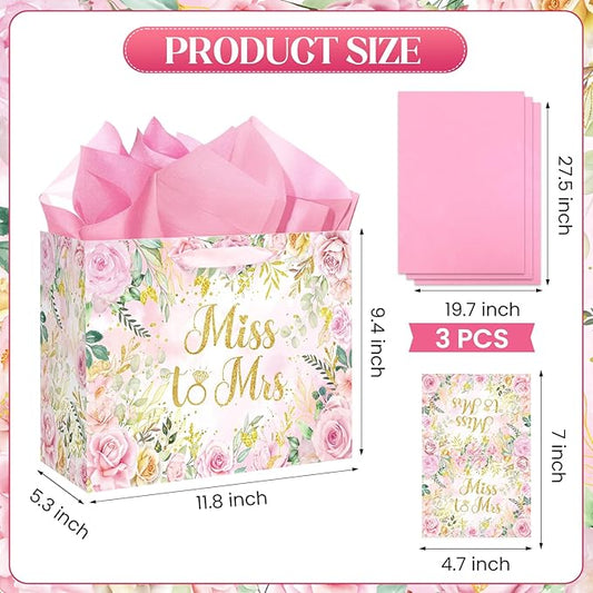Yomaiha Floral Bridal Shower Gift Bag Wedding Miss to Mrs Gifts Bag with Tissue and Card Bridal Shower Gift Wrapping Paper Pink Flower Wedding Bride Engagement Bachelorette Party Supply Decorations